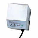 A silver metal outdoor drive motor housing with a white label showing technical specifications and certifications, with a black cable extending from the bottom, on a white background.