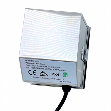A silver metal outdoor drive motor housing with a white label showing technical specifications and certifications, with a black cable extending from the bottom, on a white background.